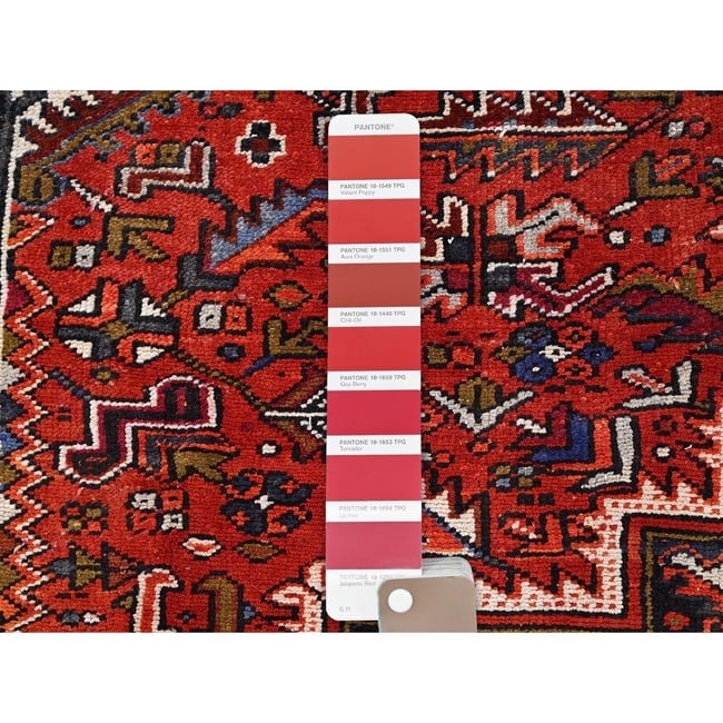 Crimson Red, Hand Knotted, Vintage Persian Heriz, Pure Wool Rug - 7