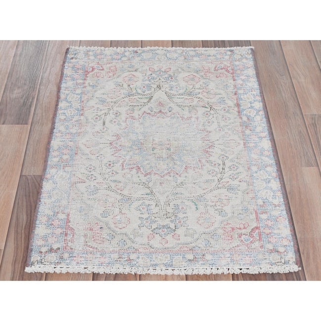 Ivory, Vintage Persian Kerman, Worn Wool Hand Knotted Mat Rug - 2