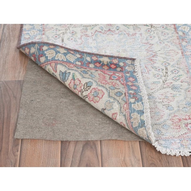 Ivory, Vintage Persian Kerman, Worn Wool Hand Knotted Mat Rug - 3