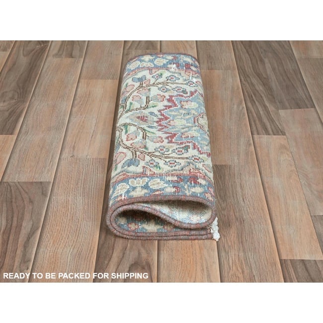 Ivory, Vintage Persian Kerman, Worn Wool Hand Knotted Mat Rug - 5