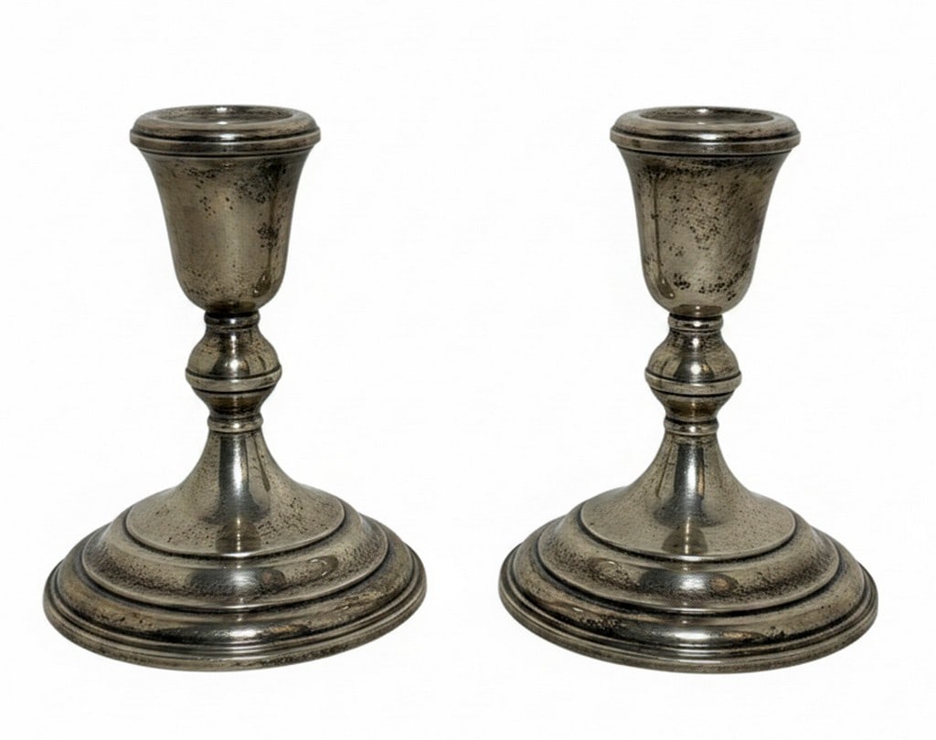 Pair of Lunt Sterling Silver Candlesticks, No. 043: A pair of Lunt Sterling Silver candlesticks, model number 043. These candlesticks feature a classic, elegant design with a fluted candle cup and a stepped, circular base. They are weighted and