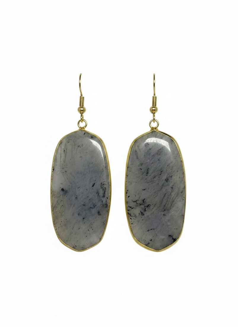 Gold-tone and Labradorite Stone Drop Earrings: A pair of gold-tone drop earrings featuring large, oval-shaped Labradorite stones with natural inclusions, set in a gold-tone bezel. Jewelry Type: Earrings Metal: Gold-tone metal Hallmarks: N/A