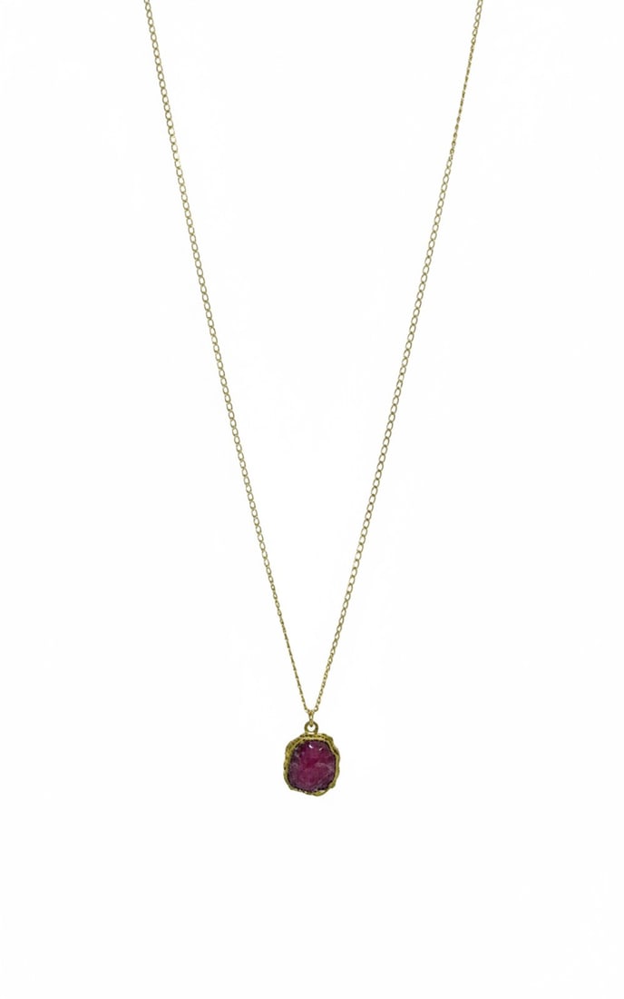 Gold-tone Chain Necklace with Red Drusy Pendant: A gold-tone chain necklace featuring a bezel-set reddish-purple drusy pendant with a natural, rough texture. The setting for the drusy has an organic, free-form shape. The chain is a delicate curb