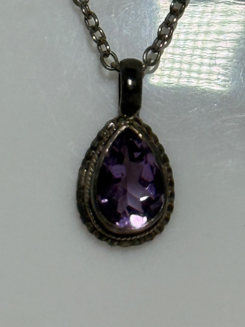Sterling Silver and Amethyst Teardrop Pendant Necklace - 2