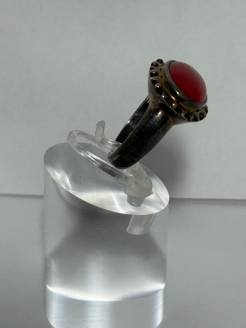 Sterling Silver and Carnelian Coral Cabochon Ring - 2