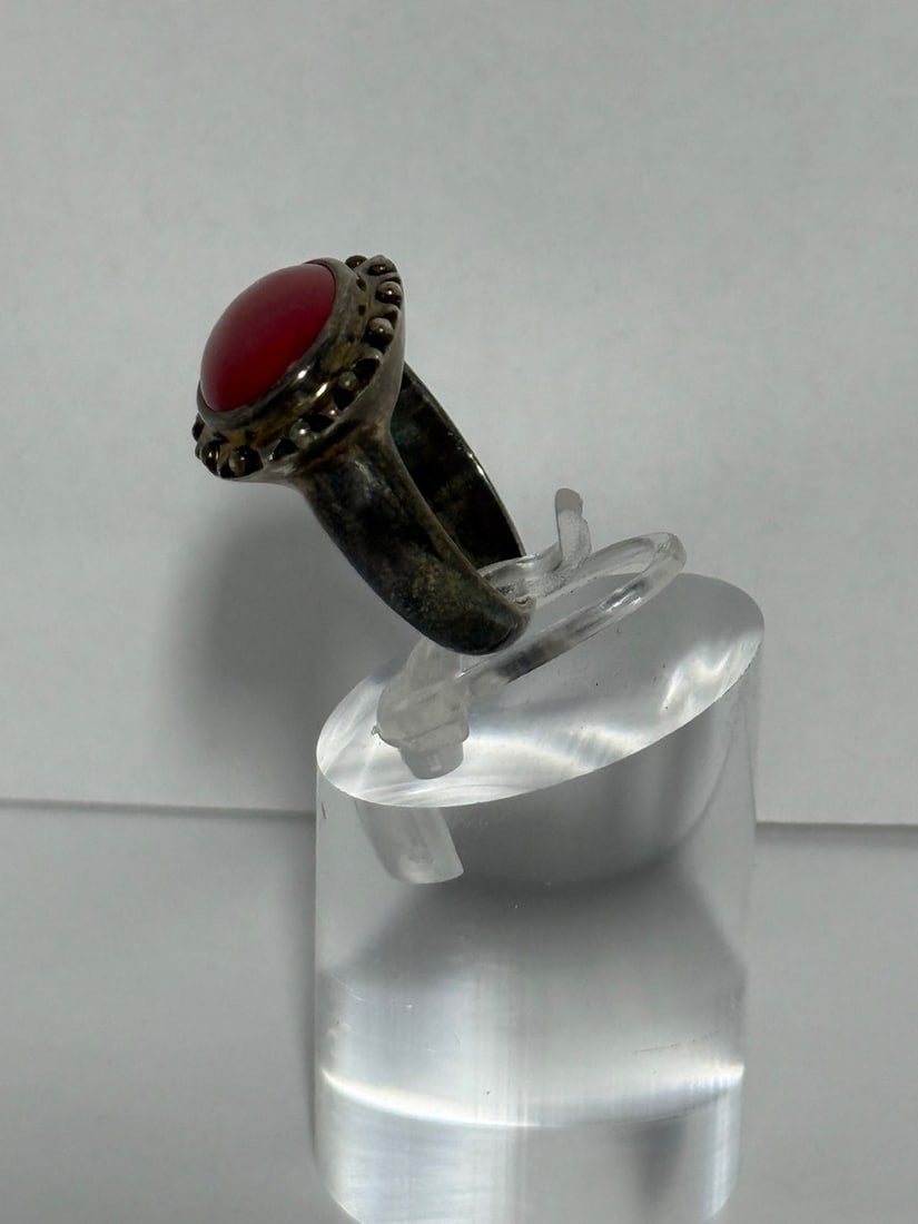 Sterling Silver and Carnelian Coral Cabochon Ring - 3