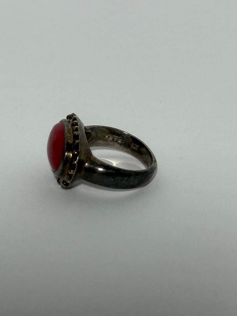 Sterling Silver and Carnelian Coral Cabochon Ring - 4