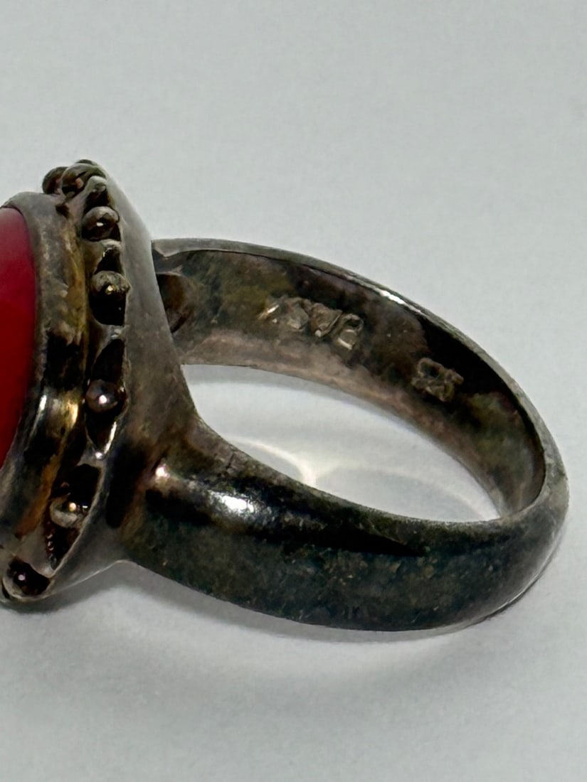 Sterling Silver and Carnelian Coral Cabochon Ring - 5