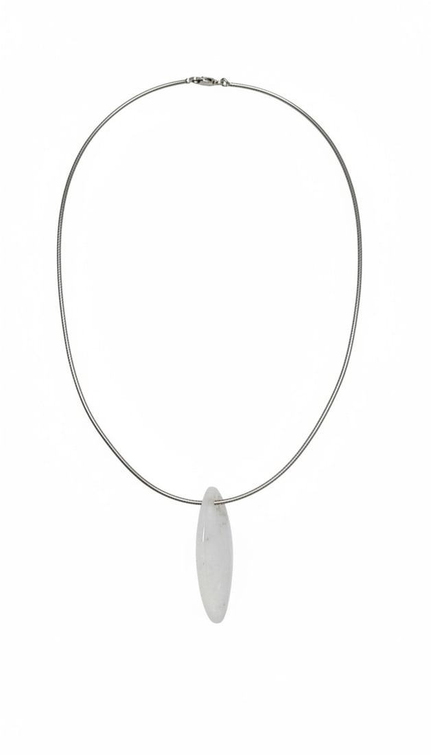 Sterling Silver Snake Chain Necklace with White Stone Pendant: A contemporary sterling silver snake chain necklace featuring a smooth, marquise-shaped white stone pendant. The pendant is drilled through its width, allowing the chain to pass directly through it.