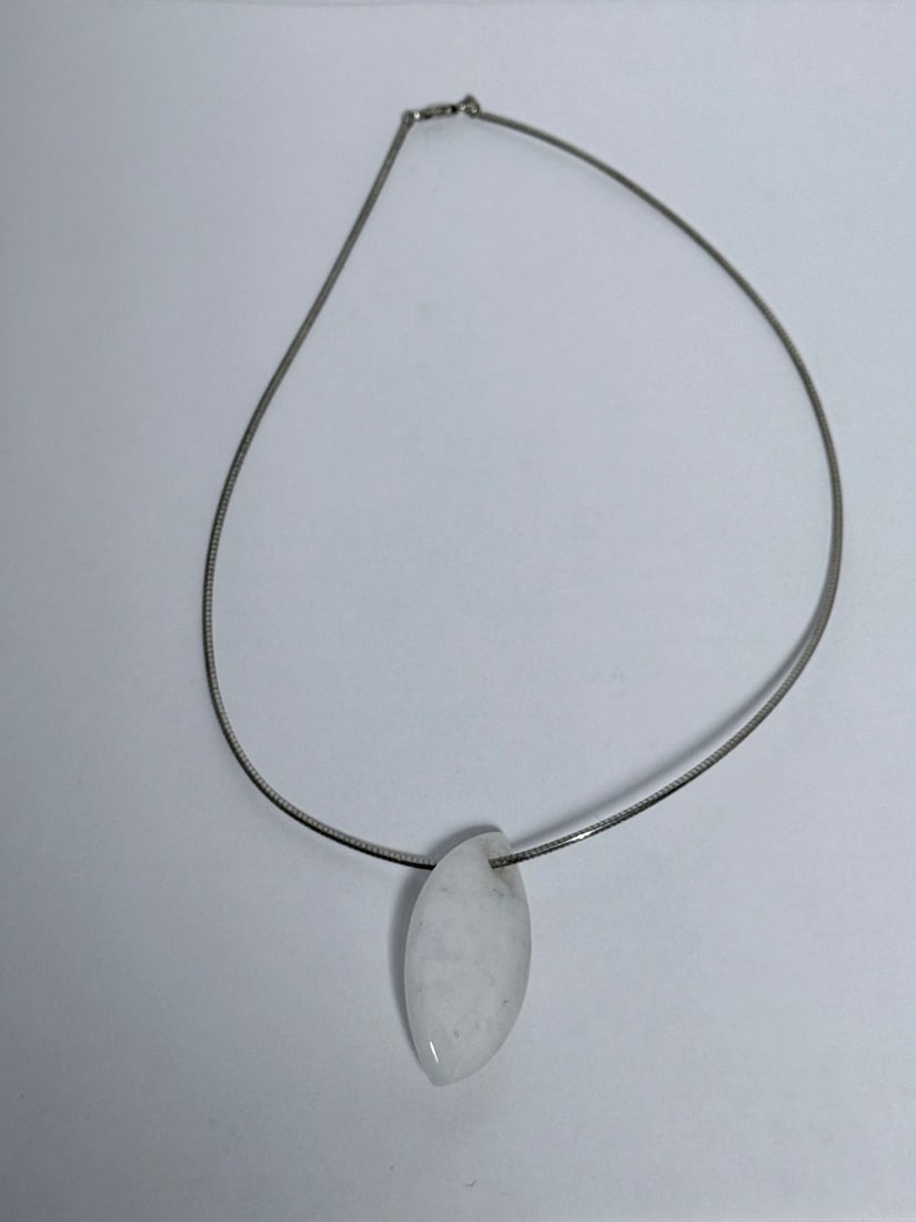 Sterling Silver Snake Chain Necklace with White Stone Pendant - 2