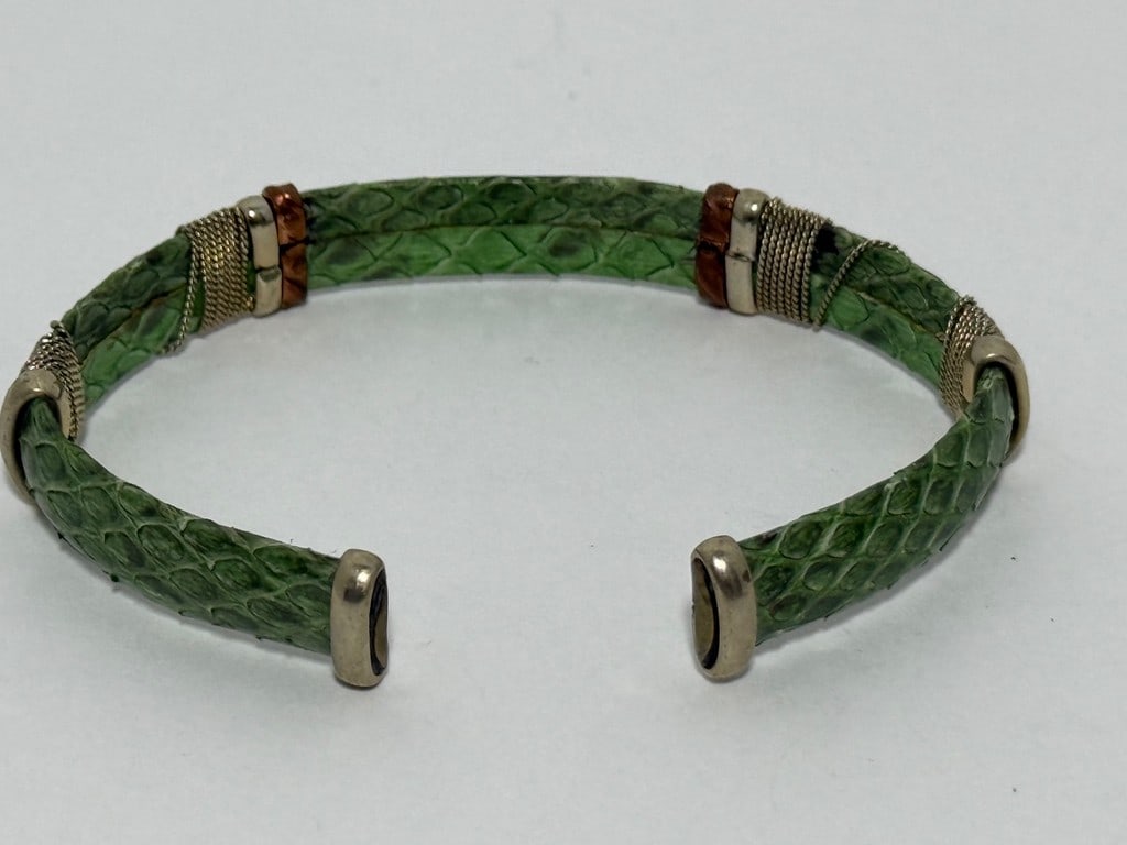 Green Snakeskin and Mixed Metal Cuff Bracelet - 2