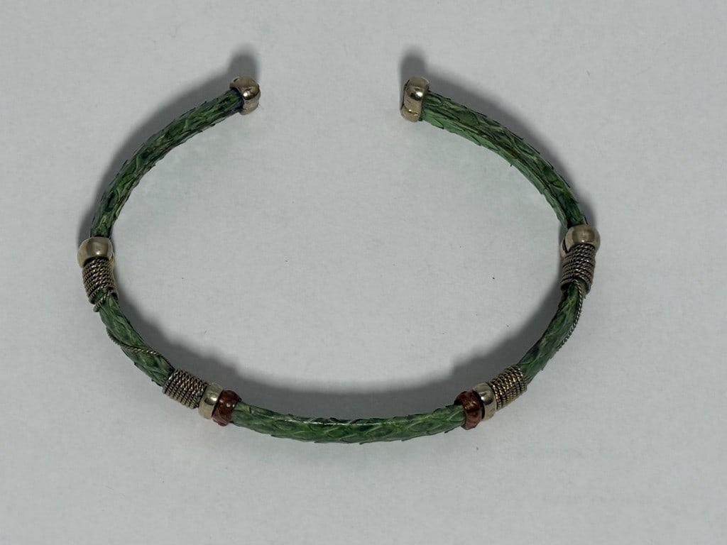 Green Snakeskin and Mixed Metal Cuff Bracelet - 3