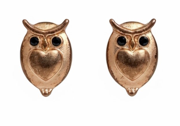 Rose Gold Tone Owl Stud Earrings: A pair of rose gold tone owl stud earrings featuring black stone eyes and a heart-shaped chest. The earrings have butterfly backs. Jewelry Type: Earrings Metal: Rose Gold Tone Metal Hallmarks: N/A