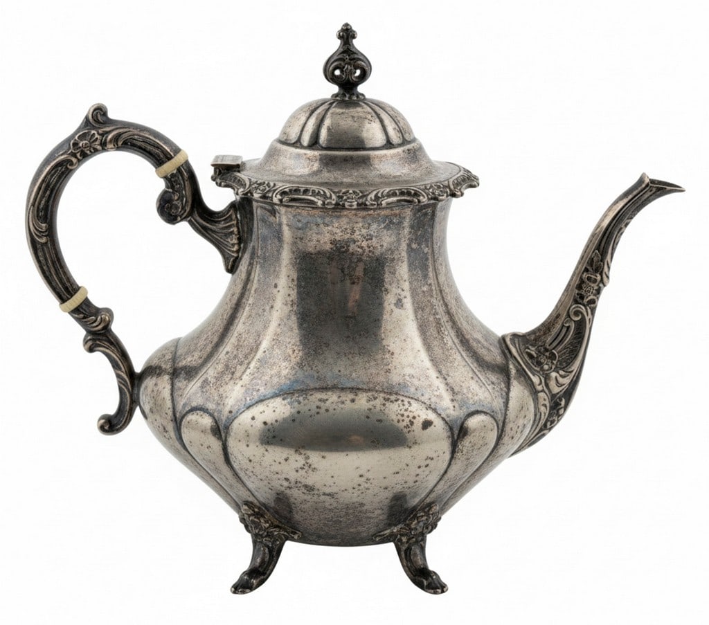 Reed & Barton "Georgian Rose" Sterling Silver Teapot: A Reed & Barton sterling silver teapot in the "Georgian Rose" pattern. This ornate teapot features a hinged lid with a finial, a curved spout, and an elaborately scrolled handle with bone or ivory