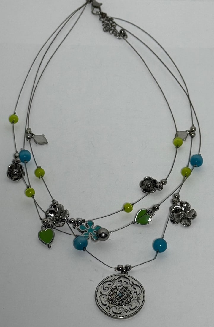Multi-Strand Beaded Necklace with Filigree Pendant - 2
