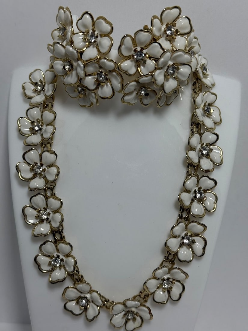 White Enamel and Rhinestone Floral Necklace and Earring Suite - 2