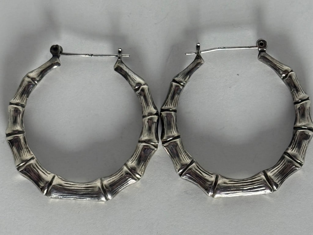 Sterling Silver Bamboo Motif Hoop Earrings - 2