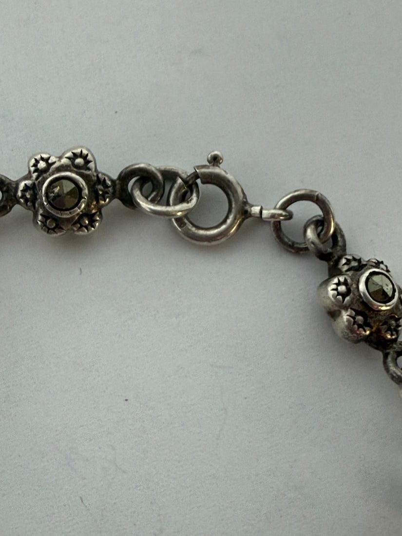 Sterling Silver Marcasite Flower Link Bracelet - 4