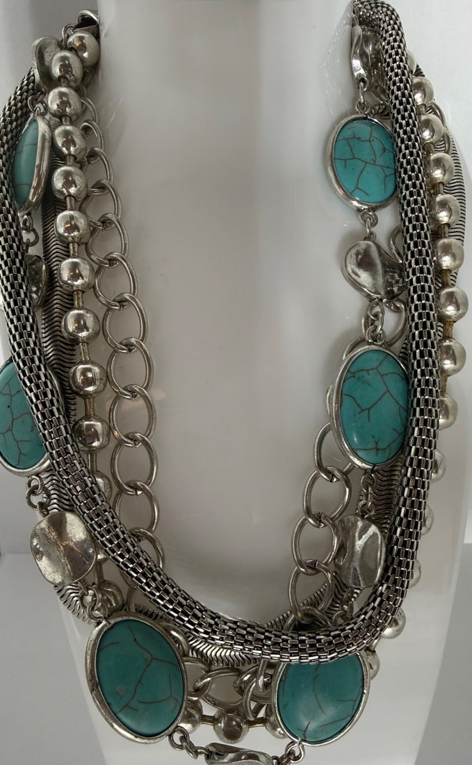 Layered Silver-Tone and Turquoise-Style Statement Necklace - 2