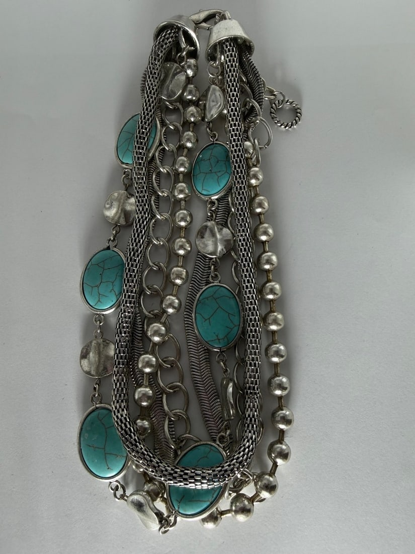 Layered Silver-Tone and Turquoise-Style Statement Necklace - 3