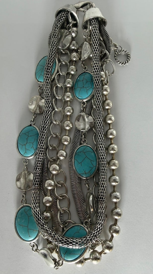 Layered Silver-Tone and Turquoise-Style Statement Necklace - 4