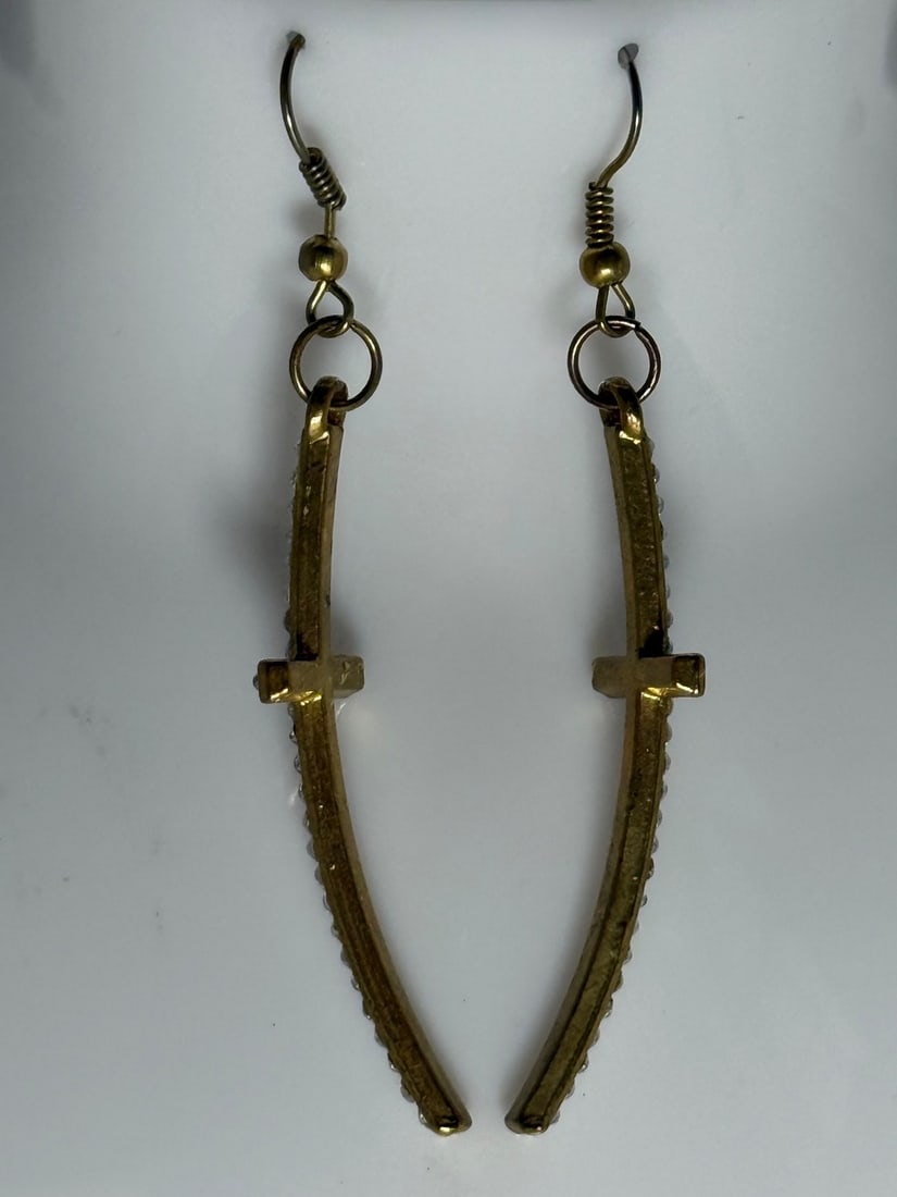 Gold-tone Dangle Earrings with Clear Rhinestones - 2