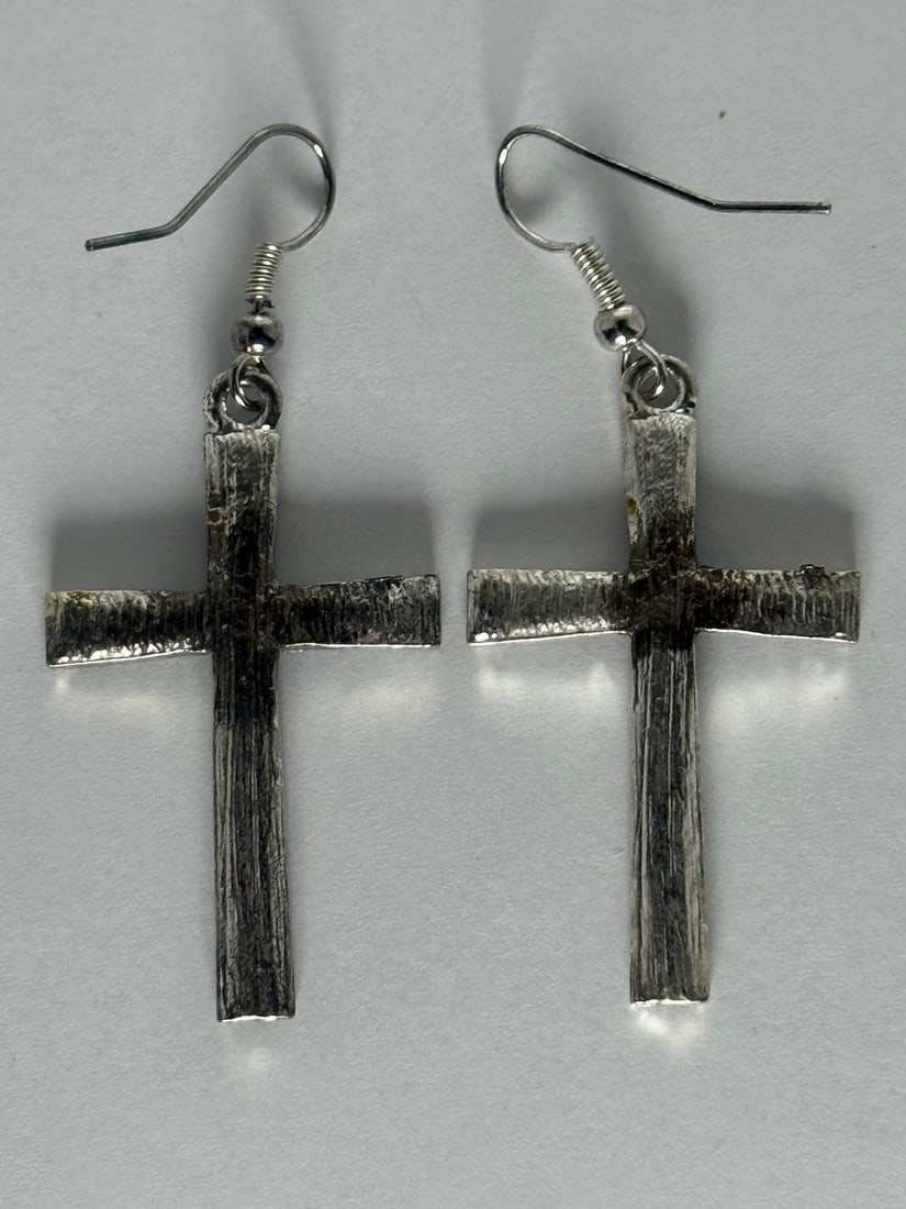 Pastel Collection Silver-Tone and Black Rhinestone Cross Dangle Earrings - 2