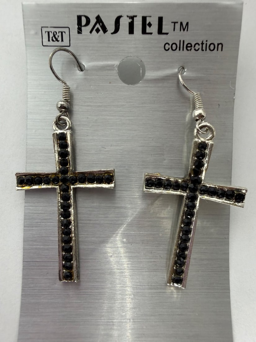 Pastel Collection Silver-Tone and Black Rhinestone Cross Dangle Earrings - 3