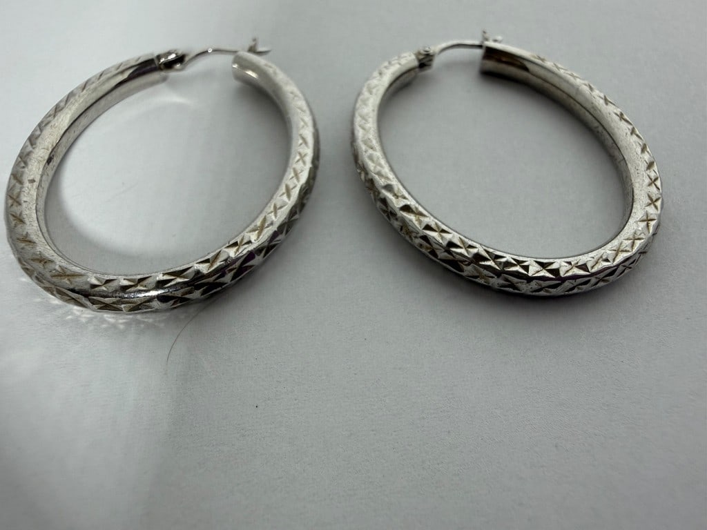 Sterling Silver Faceted Oval Hoop Earrings - 3