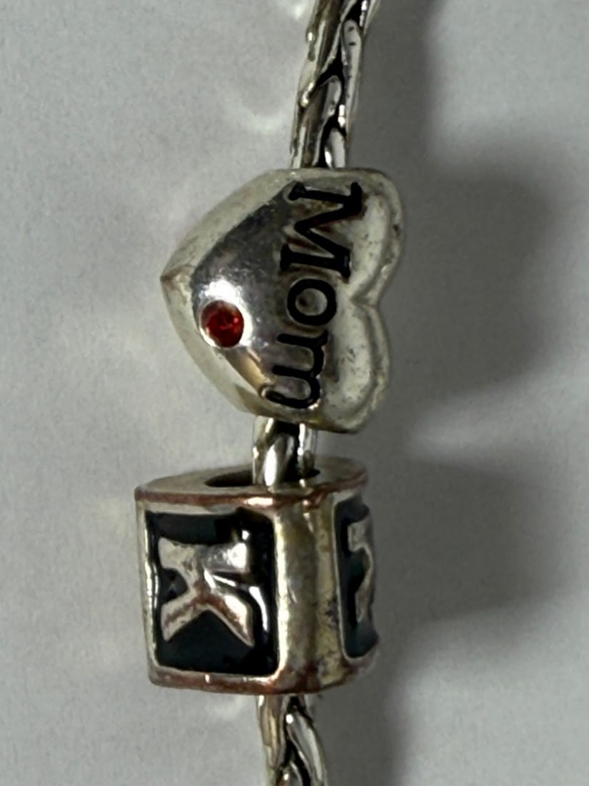 Sterling Silver Tone Charm Bracelet with Mom Heart and Initial K Charms - 2
