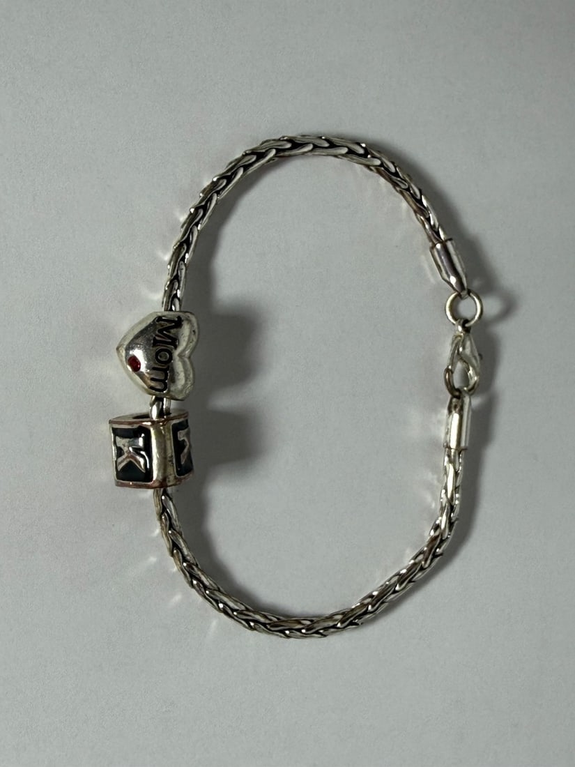 Sterling Silver Tone Charm Bracelet with Mom Heart and Initial K Charms - 3