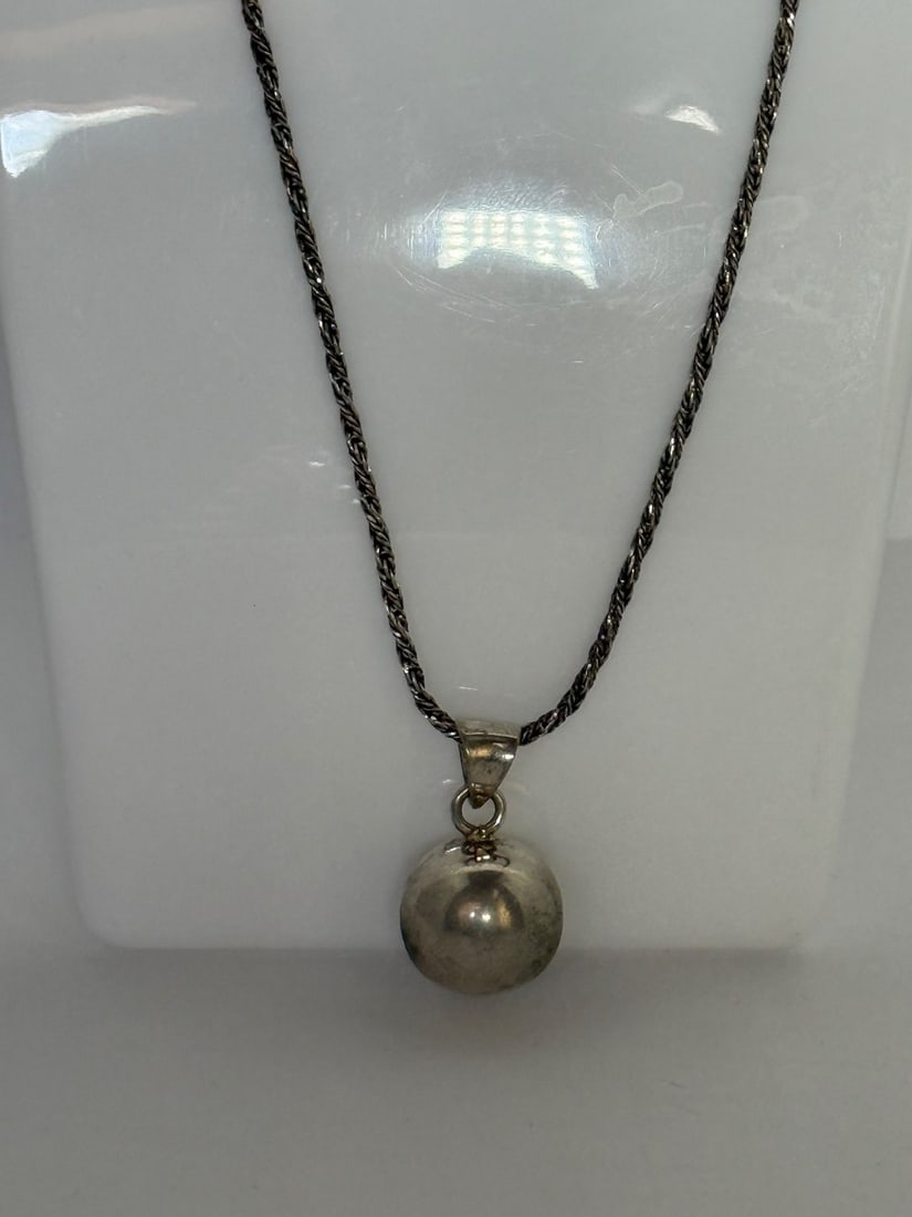 Sterling Silver Rope Chain Necklace with Spherical Pendant - 4