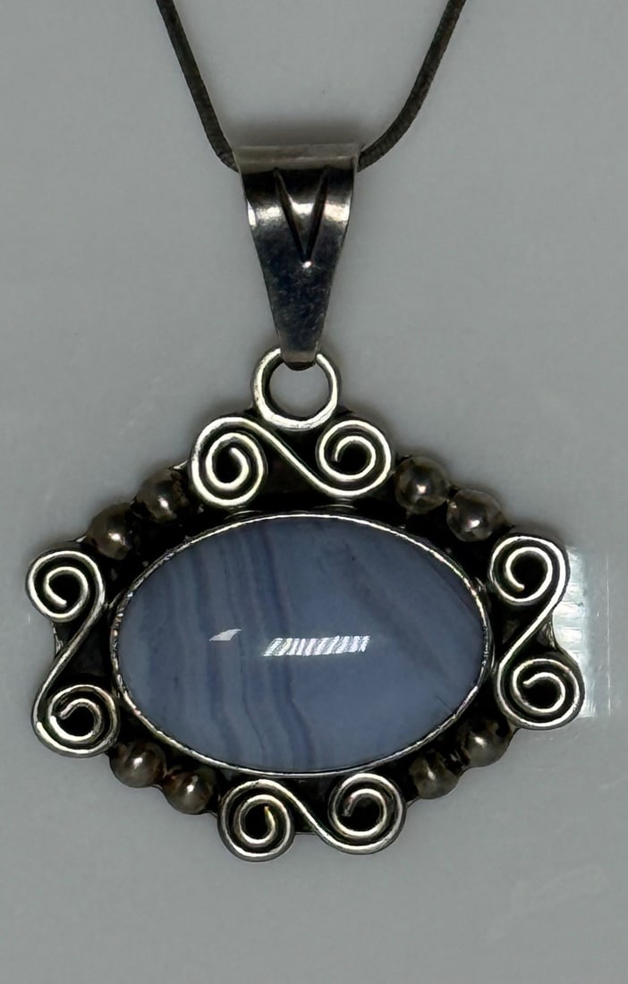 Sterling Silver and Blue Lace Agate Pendant Necklace - 2