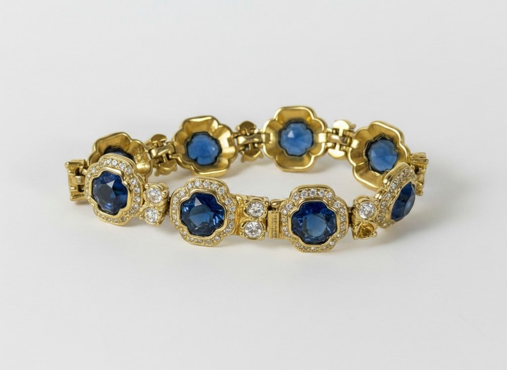 Faux Sapphire and Diamond Gold-Tone Bracelet: This bracelet features a series of floral-shaped links, each centered with a faceted oval faux sapphire surrounded by smaller clear stones simulating diamonds, all set in a polished gold-tone metal.