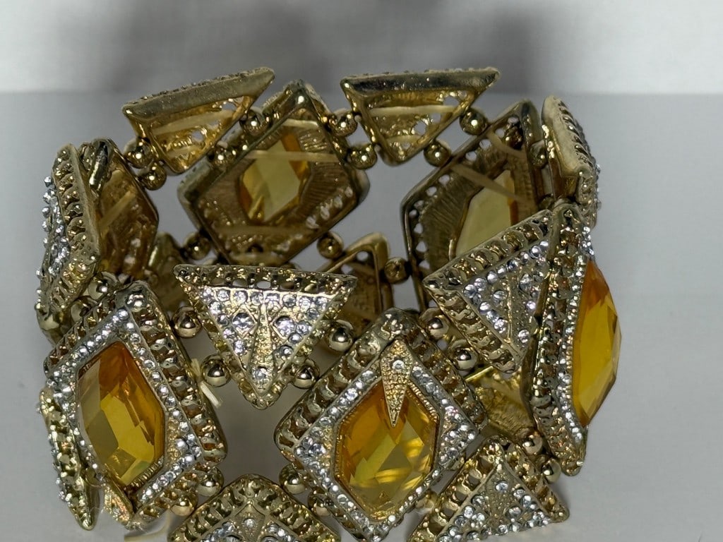 Gold-tone Costume Bracelet with Faceted Yellow Stones and Clear Accents - 2