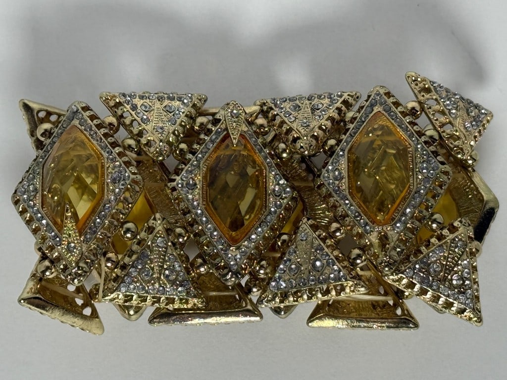 Gold-tone Costume Bracelet with Faceted Yellow Stones and Clear Accents - 3