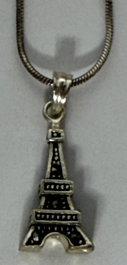 Sterling Silver Marcasite Eiffel Tower Pendant Necklace - 2