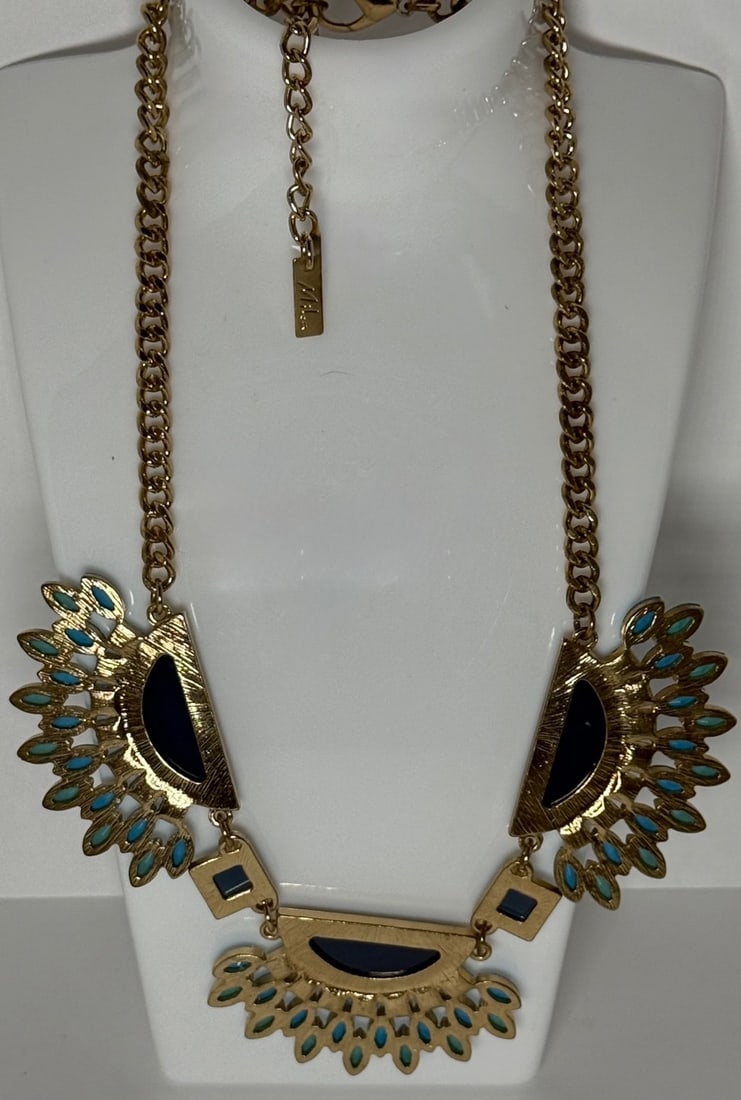 Mila Gold-Tone and Blue Embellished Bib Necklace - 3