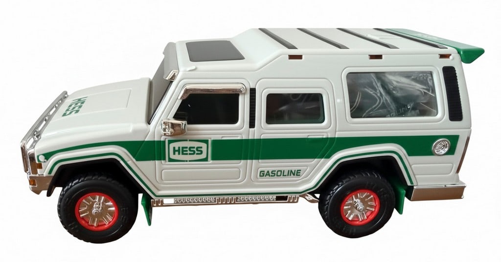 2004 Hess 40th Anniversary Sport Utility Vehicle and Motorcycles Toy: This collectible Hess Toy Truck set from 2004 celebrates the 40th anniversary of the Hess Toy Truck tradition. The set includes a white and green Sport Utility Vehicle (SUV) with "HESS" branding,