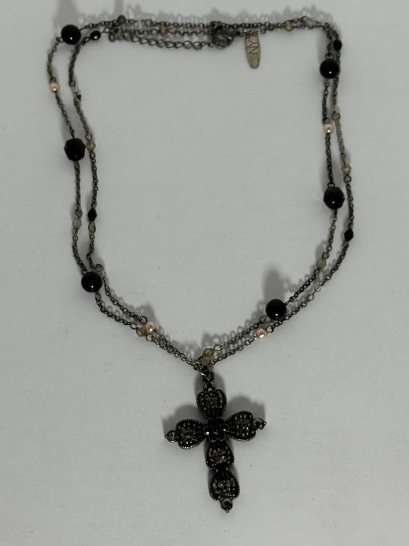 Fashion Cross Pendant Necklace with Beaded Chain - 3