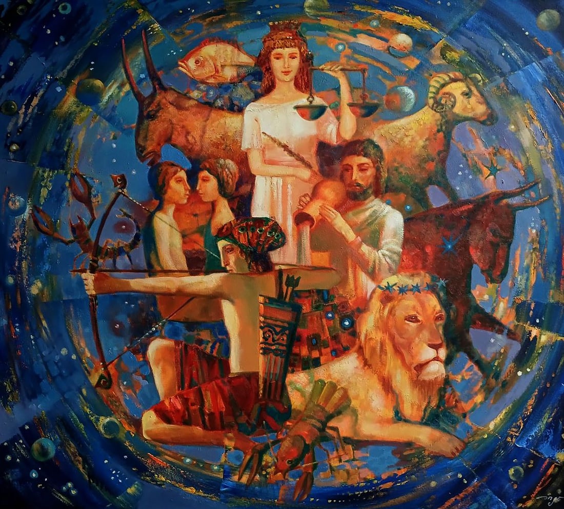 Abstract oil painting Signs of the zodiac Anatoly Tarabanov: Title: Abstract oil painting Signs of the zodiac Anatoly Tarabanov Description: NoTar 393 The oil painting on canvas titled "Signs of the Zodiac" is a rich, symbol-laden composition that brings togeth
