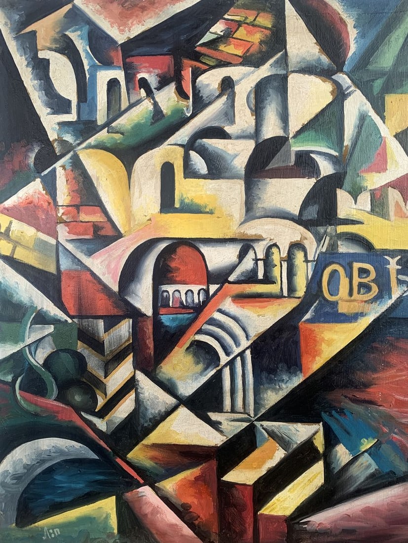 Abstract oil painting In the city (based on Lyubov Popova) V. Konotopsky: Title: Abstract oil painting In the city (based on Lyubov Popova) V. Konotopsky Description: No1666 In "In the City," renowned Ukrainian artist Viktor Konotopsky channels the spirit of Lyubov