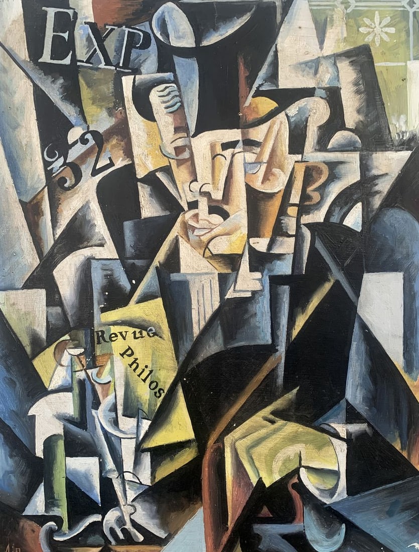 Abstract oil painting Business man (based on Lyubov Popova) V. Konotopsky: Title: Abstract oil painting Business man (based on Lyubov Popova) V. Konotopsky Description: No1668 In "Business Man," Ukrainian artist Viktor Konotopsky channels the spirit of Lyubov Popova's Cubo-F
