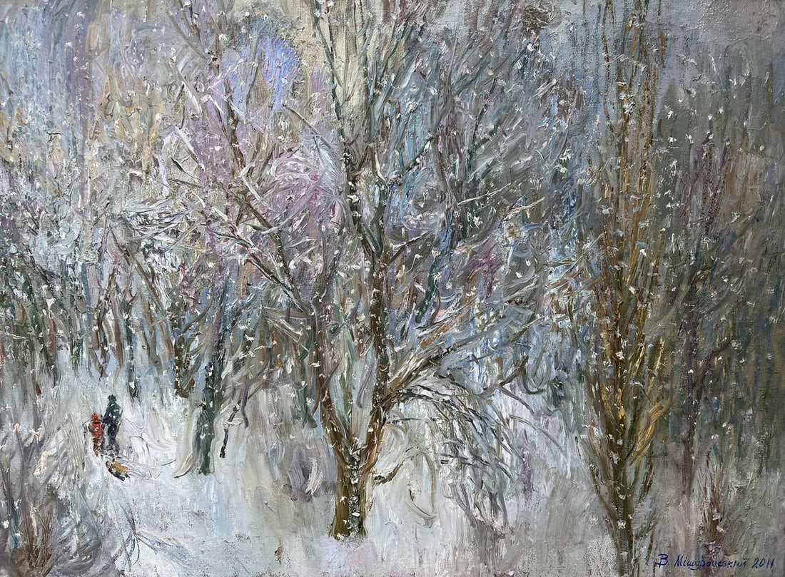 Oil painting It was snowing V. Mishurovsky: Title: Oil painting It was snowing V. Mishurovsky Description: No271 In the painting "It Was Snowing," Viktor Myshurovsky masterfully captures the quiet beauty and serene stillness of a snowy