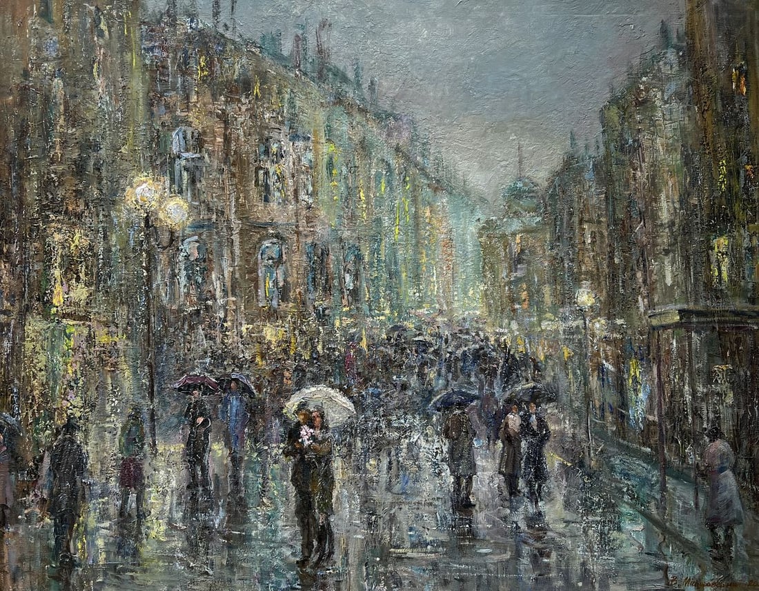 Oil painting Silver rain V. Mishurovsky: Title: Oil painting Silver rain V. Mishurovsky Description: No276 "Silver Rain" by Viktor Myshurovsky is a captivating depiction of a rainy urban street, brought to life with the shimmering effect of 