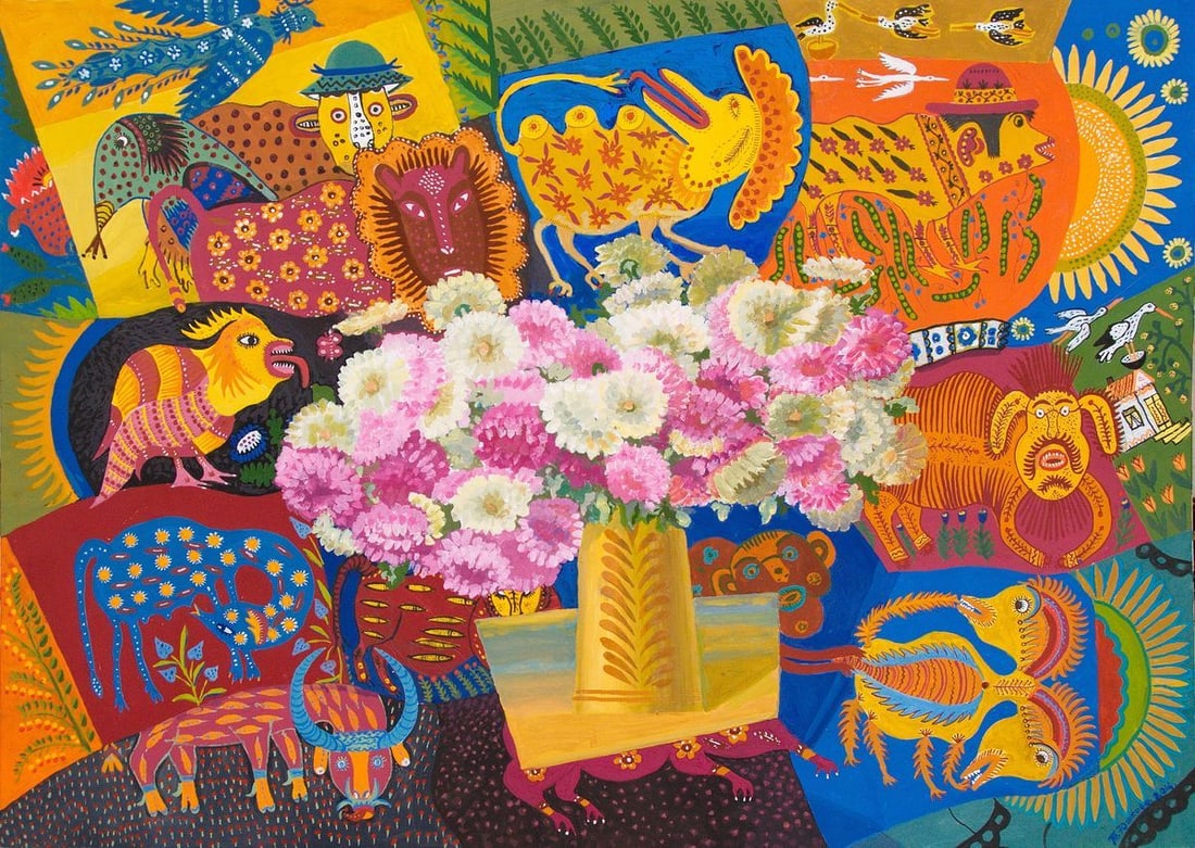 Acrylic painting Priymachenko's memory is dedicated Kytkov Svatoslav (1 of 1)