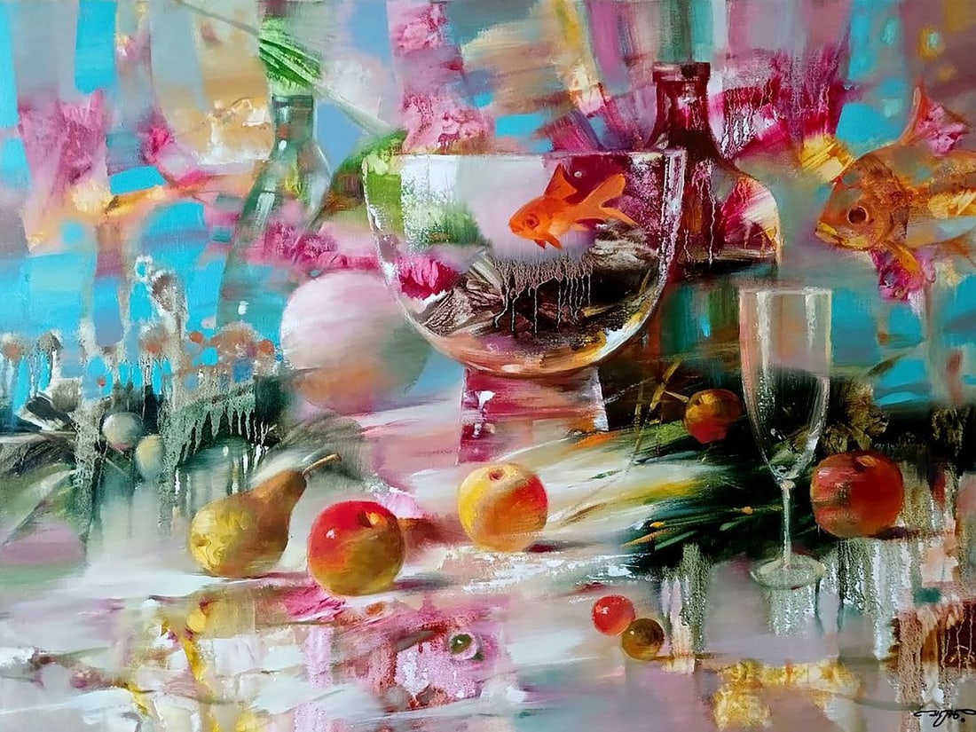 Abstract oil painting Gold fish Anatoly Tarabanov: Title: Abstract oil painting Gold fish Anatoly Tarabanov Description: NoTar 350 "Gold Fish" is a vibrant oil painting that captures a dynamic still life with an unexpected element of marine life. The 