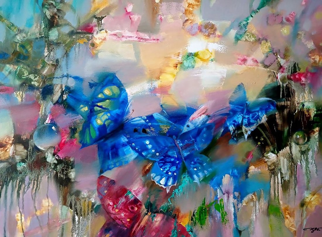 Abstract oil painting Butterflies Anatoly Tarabanov: Title: Abstract oil painting Butterflies Anatoly Tarabanov Description: NoTar 353 Butterflies" is an oil painting that is a symphony of color and movement, depicting the ethereal beauty of