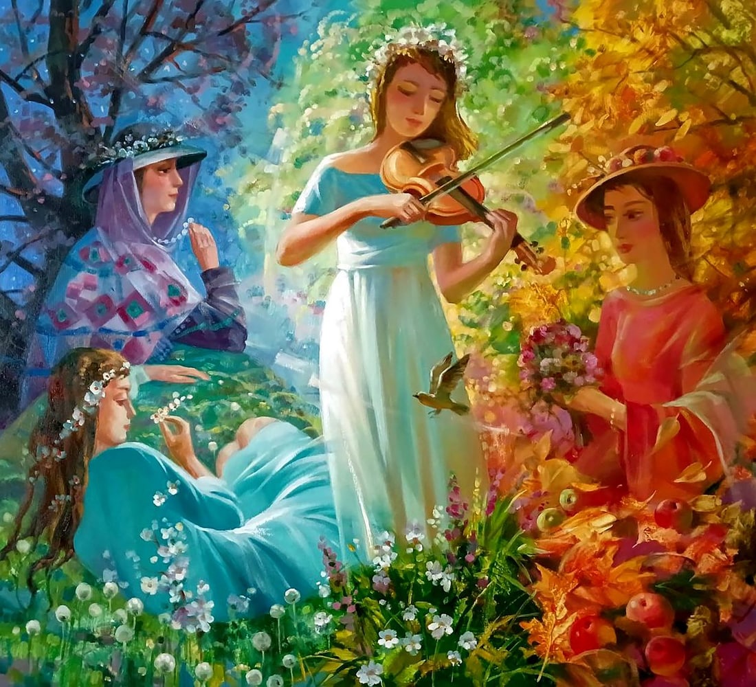 Abstract oil painting Seasons Anatoly Tarabanov: Title: Abstract oil painting Seasons Anatoly Tarabanov Description: NoTar 366 "Seasons" is an enchanting oil painting that captures the essence of the changing seasons through a gathering of four wome