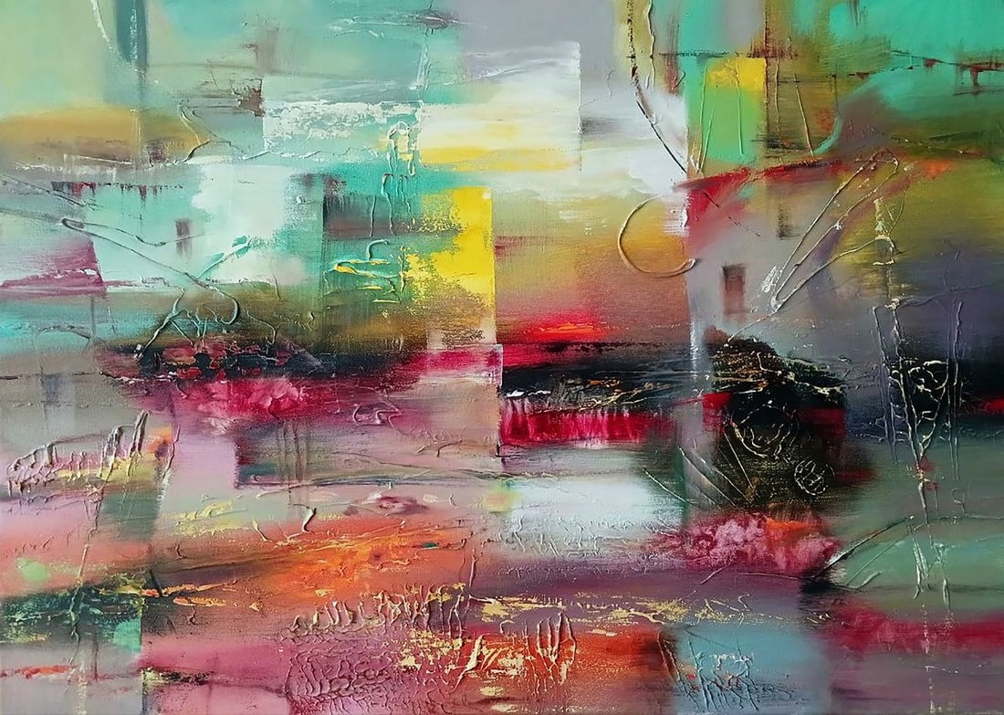 Abstract oil painting Evening Anatoly Tarabanov: Title: Abstract oil painting Evening Anatoly Tarabanov Description: NoTar 372 The painting titled "Evening" is a striking abstract composition that evokes the atmospheric beauty of twilight hours, cap